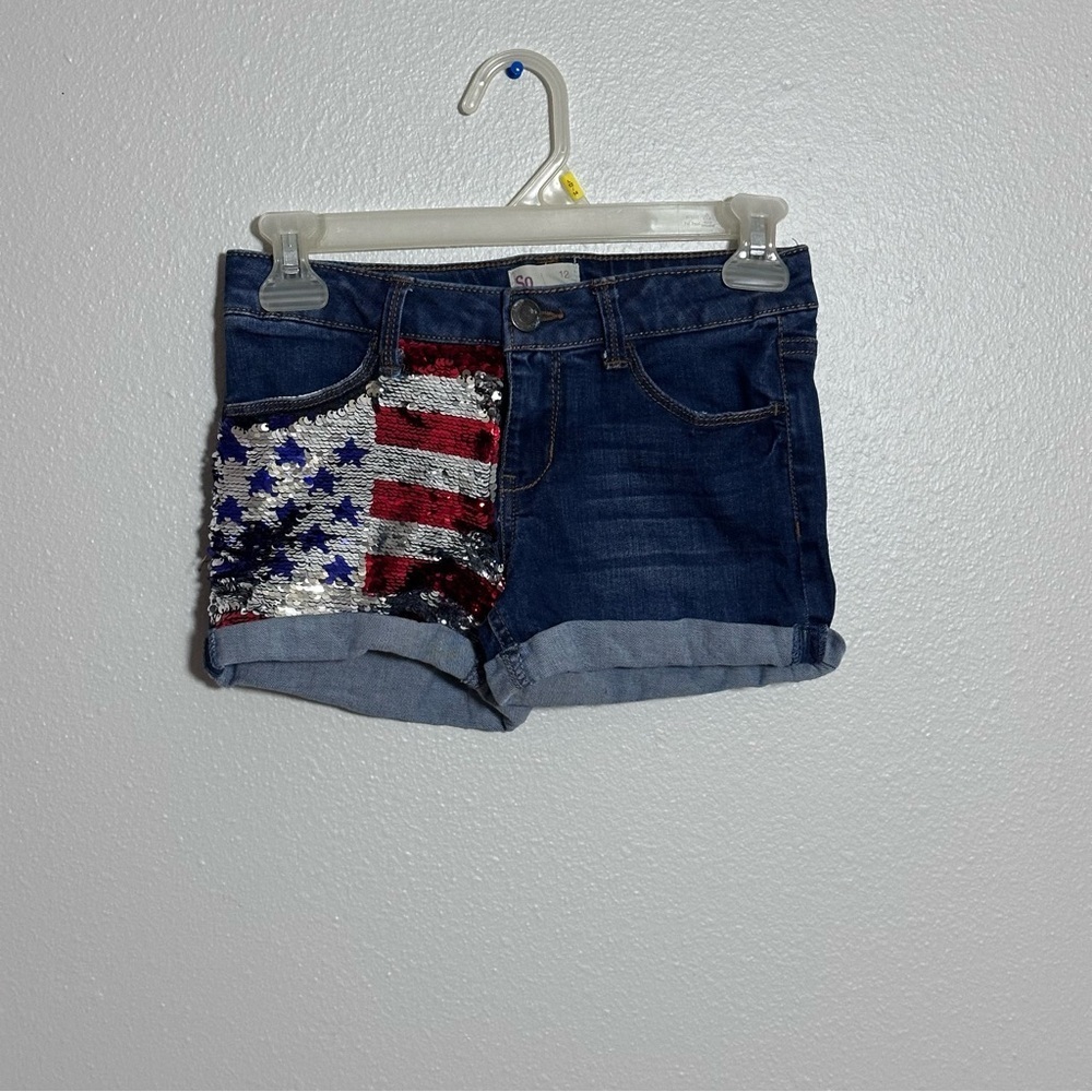 SO Girls Kids Sequin American Flag Denim Blue Shorts size 12.